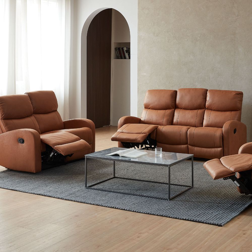 Juego de sala reclinable 3+2 color caramelo – confort, estilo y funcionalidad