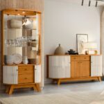 Buffet y Vitrina Mónaco con Cristal – Diseño Moderno Color Castaño y Off White